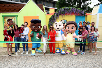 Ashley Tisdale joins CoComelon characters and Katelynn Heil, head of brand marketing at Moonbug, at CoComelon's "Gotta Go Zone" event in Los Angeles on June 21
